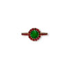 Round Colombian emerald ring with natural ruby halo