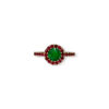 Round Colombian emerald ring with natural ruby halo