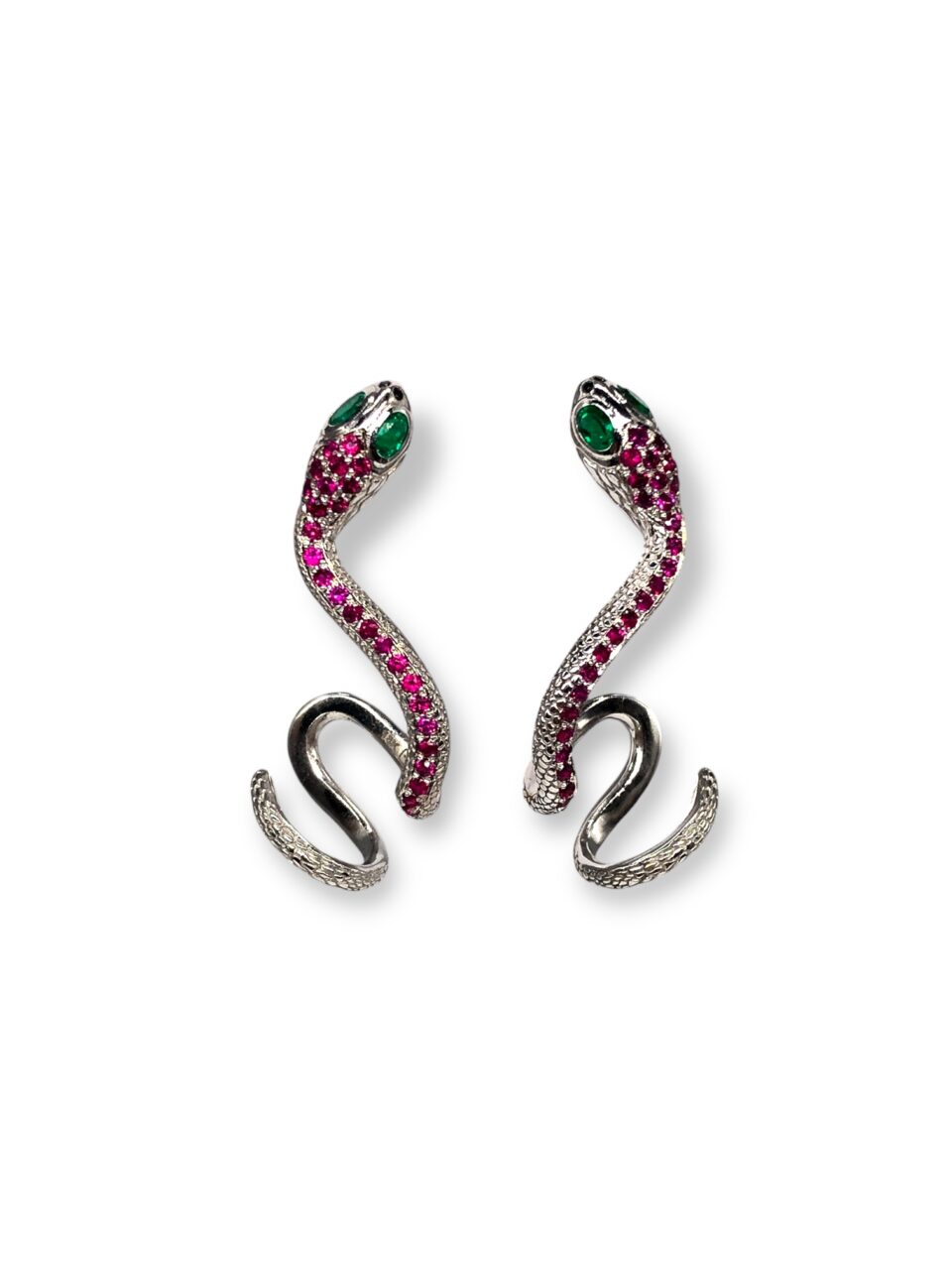 Emerald and ruby snake crawler, colombian emeralds, muzo emeralds, alpine green, emerald earrings