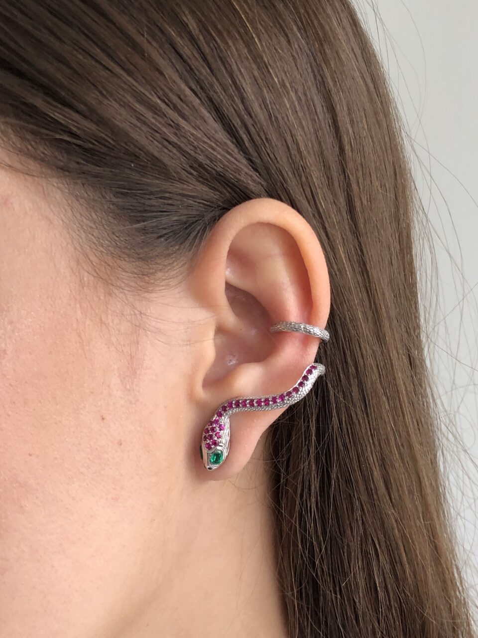 Emerald and ruby snake crawler, colombian emeralds, muzo emeralds, alpine green, emerald earrings
