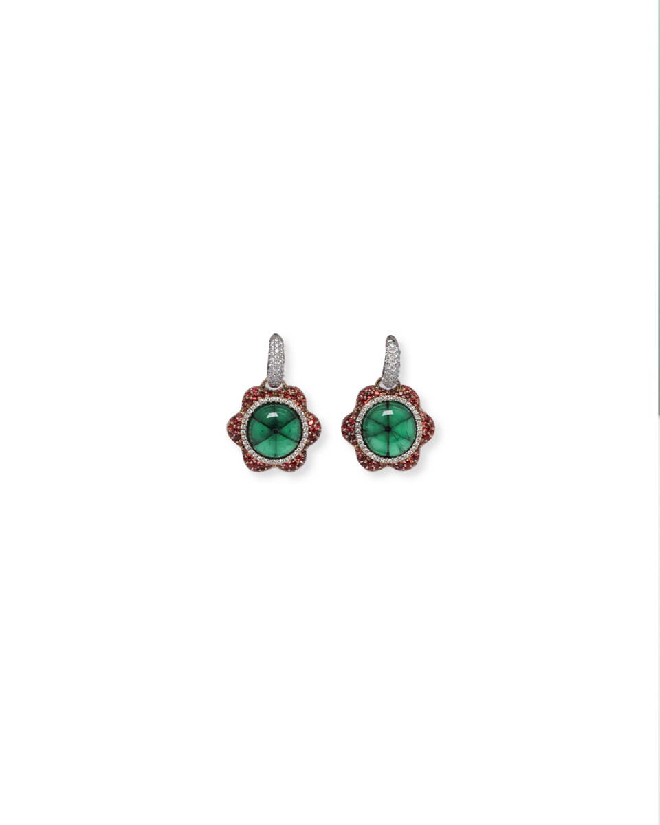 Spectacular Trapiche Emerald, Natural Sapphire, and Diamond Hoop Earrings