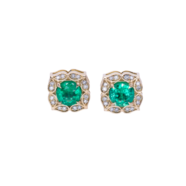 0.90 ct Round Emerald Flower Studs with Diamond Halo