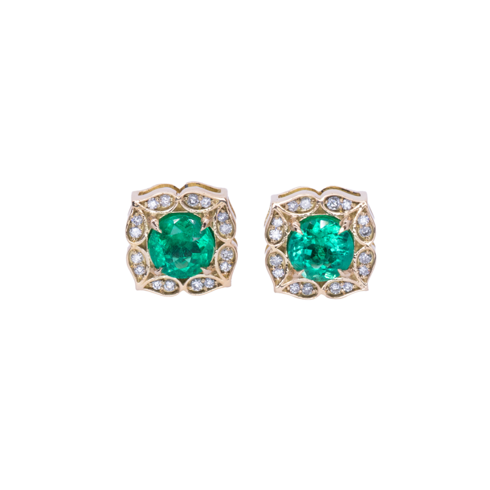 0.90 ct Round Emerald Flower Studs with Diamond Halo