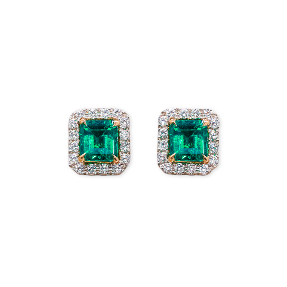 1.24ct Fine Square Cut Emerald Studs With Diamond Jackets