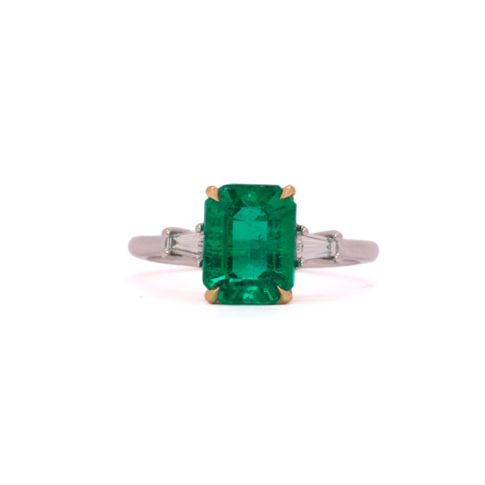 2.41 ct Classic 3 stone emerald ring