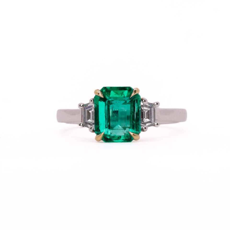 1.66 ct Classic 3 stone emerald ring